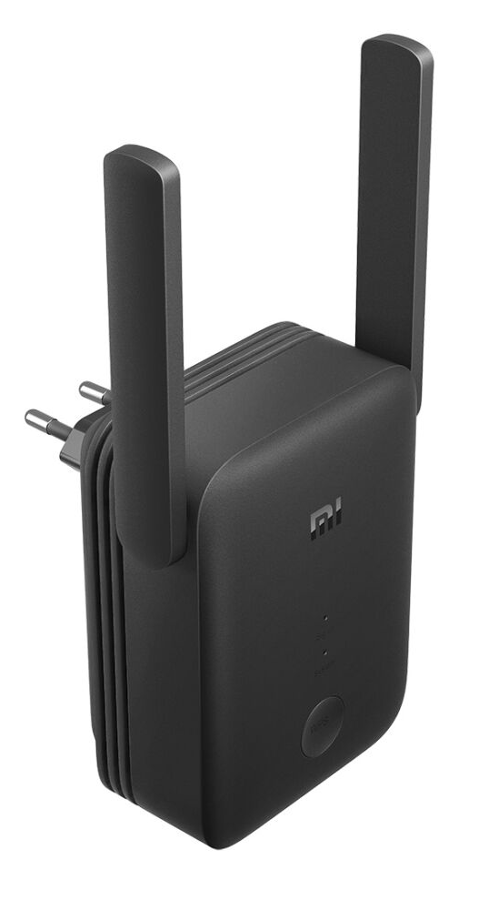 Fekete Xiaomi Mi Wi-Fi hatótáv-növelő két antennával és dugóval.