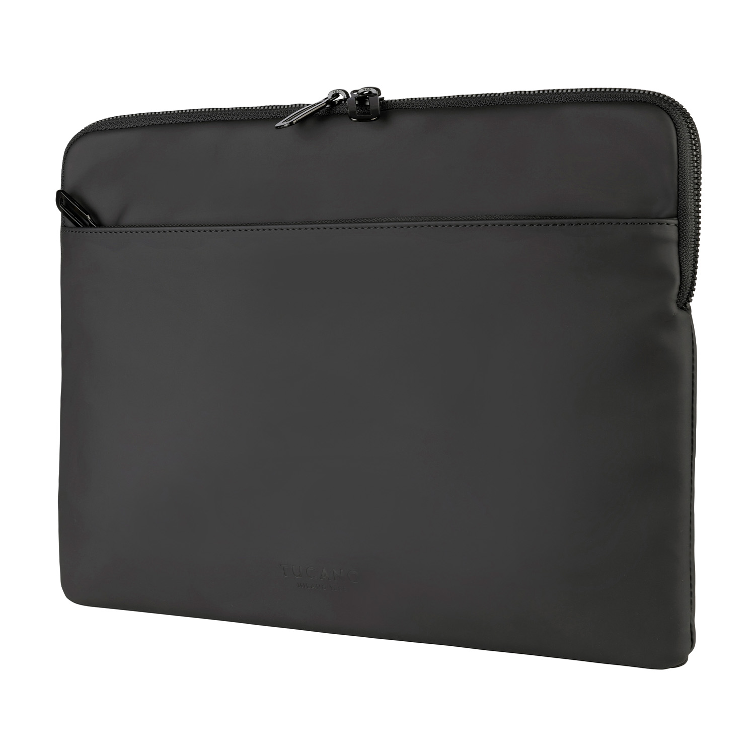 Custodia nera per laptop con cerniera e tasca frontale.