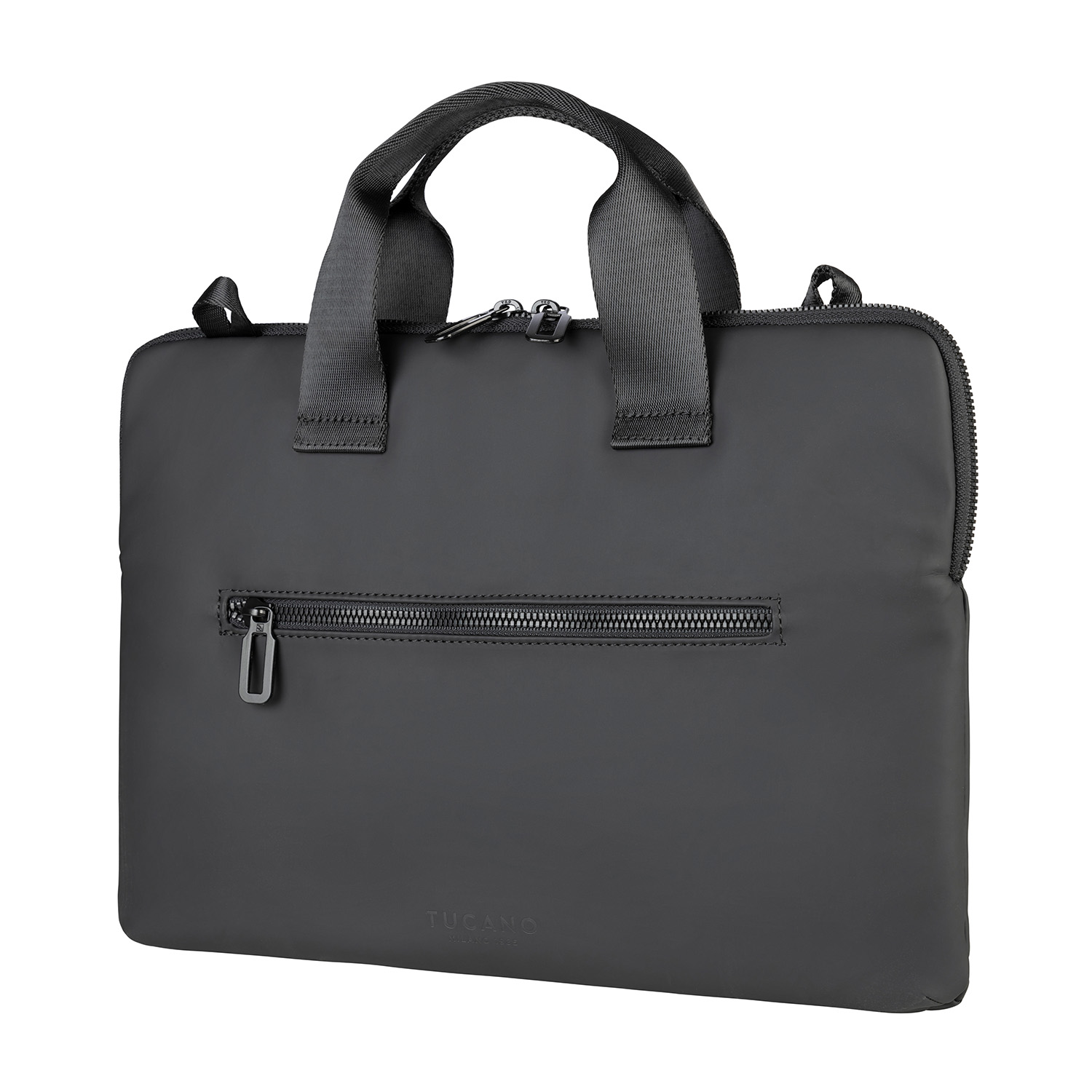 Borsa nera per laptop con manici, cerniere e logo.