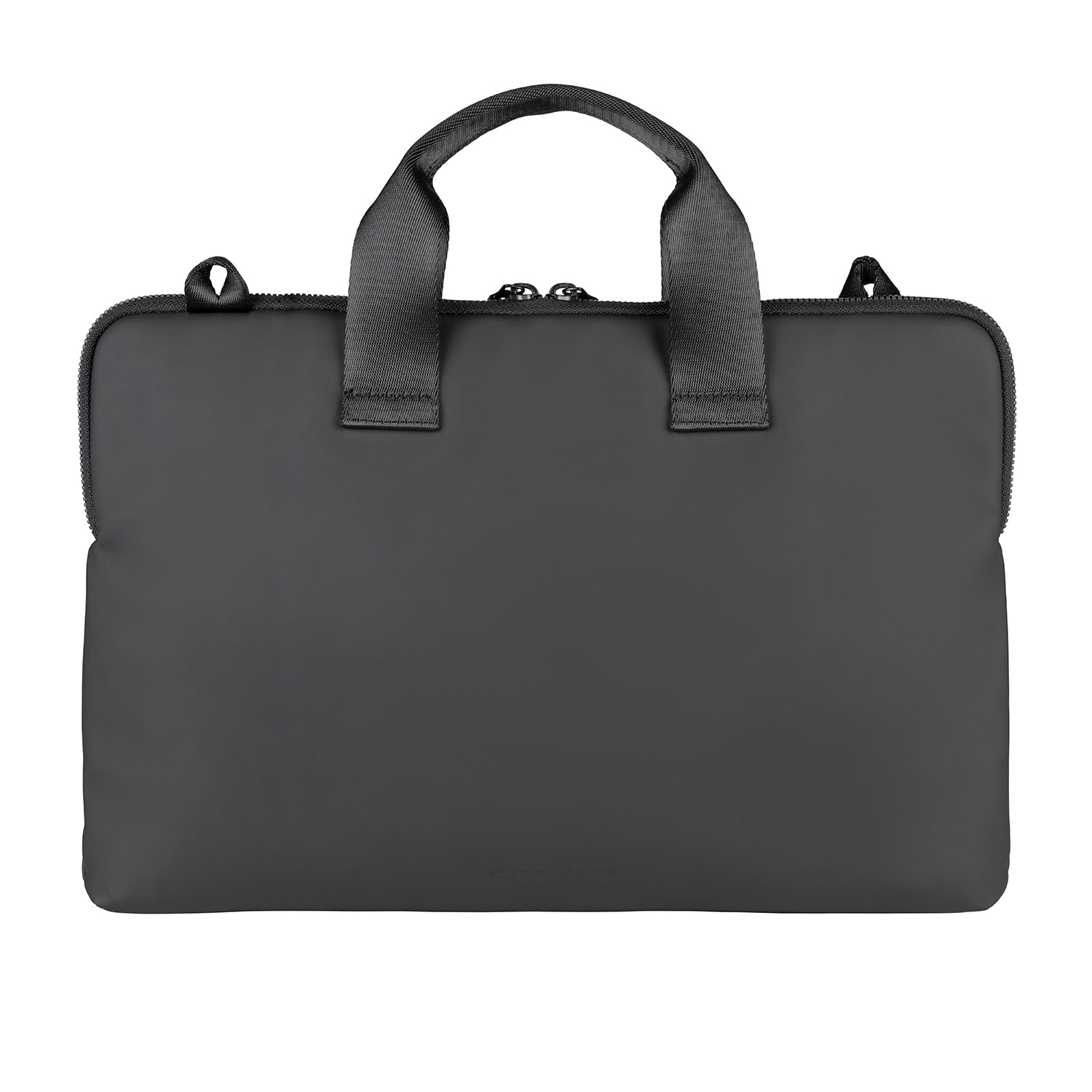 Una borsa per laptop nera con manici e tracolla.