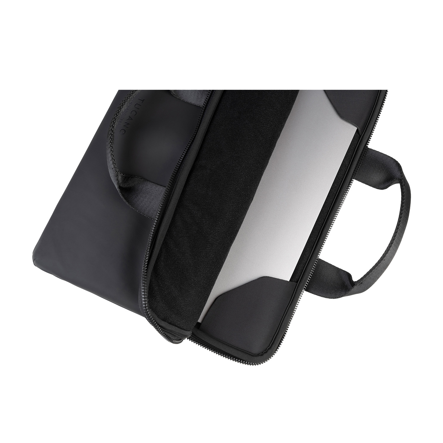 Custodia nera per laptop, aperta per mostrare il laptop all'interno.