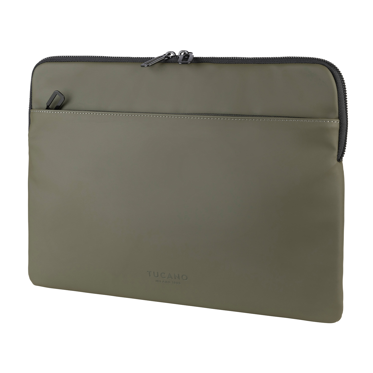 Custodia per laptop verde oliva con cerniera e logo 'Tucano'.