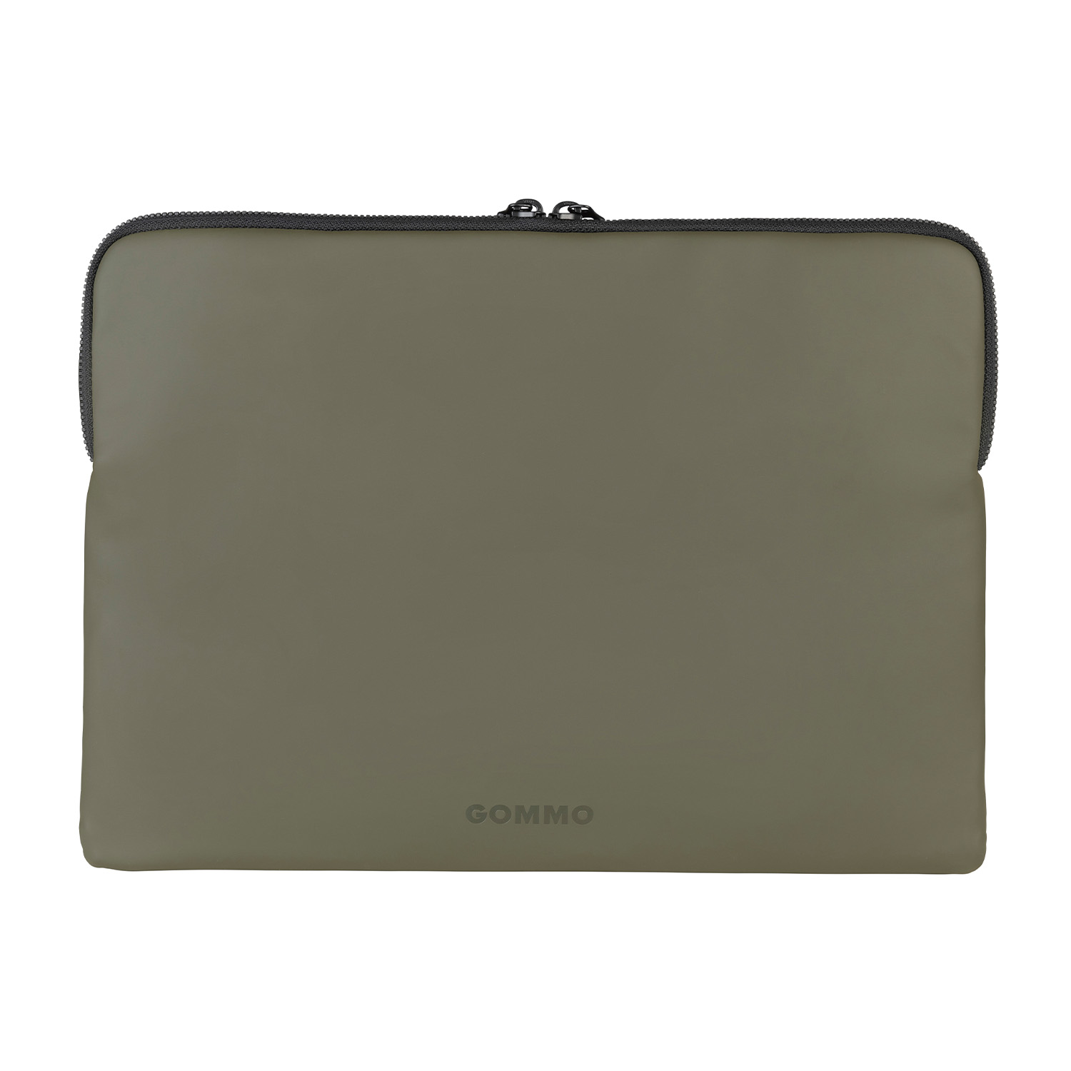 Una custodia per laptop verde oliva con cerniera nera e la parola GOMMO stampata in basso.
