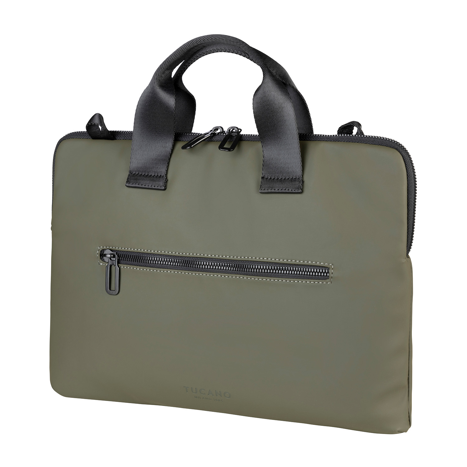 Una borsa per laptop verde oliva con manico e cerniera frontale.