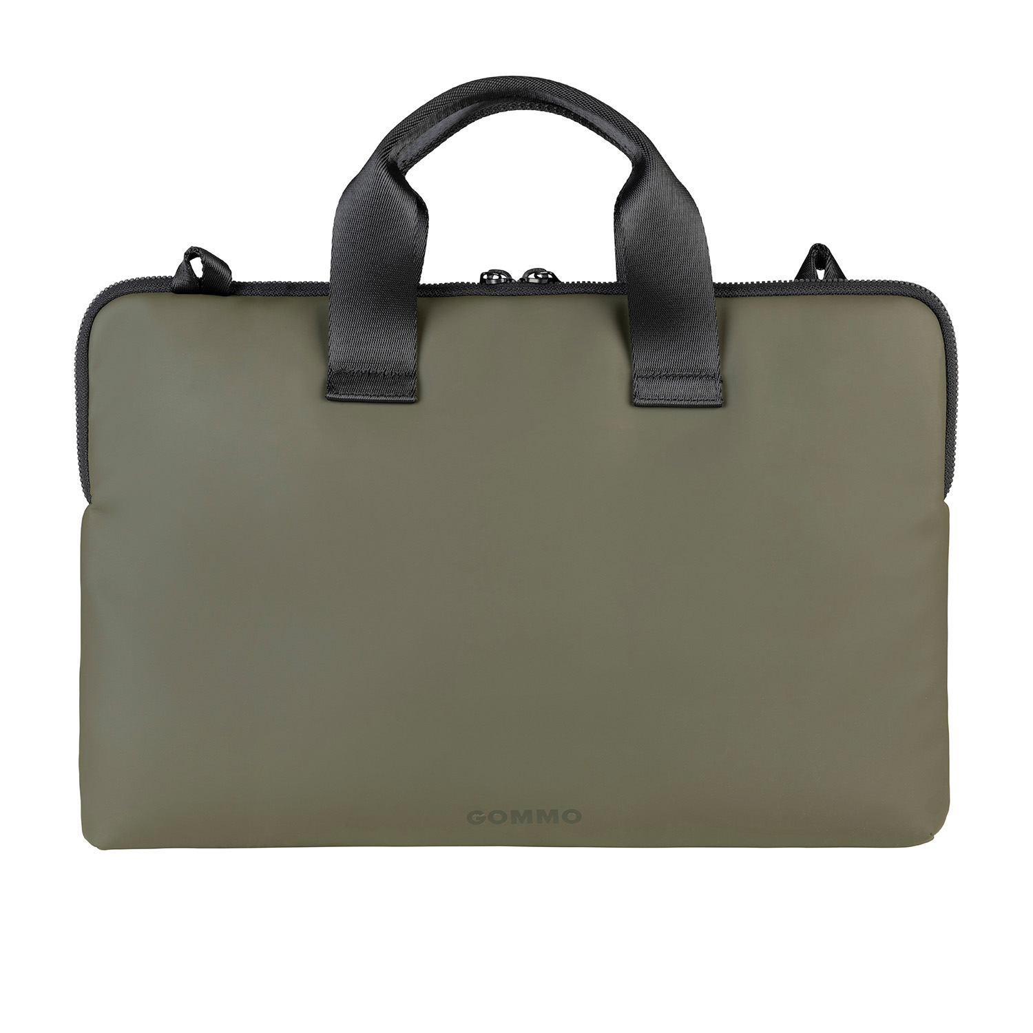 Una borsa per laptop verde oliva con manico e il marchio 'GOMMO'.