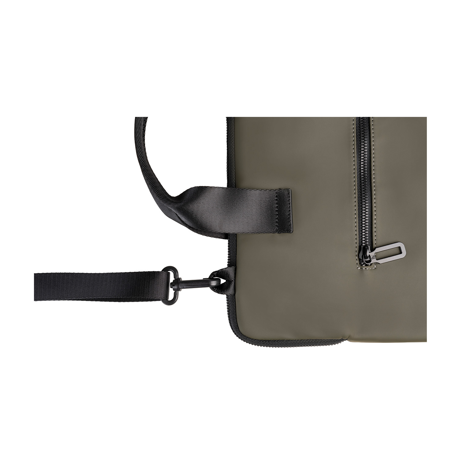 Borsa verde oliva con cinturino e cerniera neri. Il cinturino nero è attaccato alla borsa.