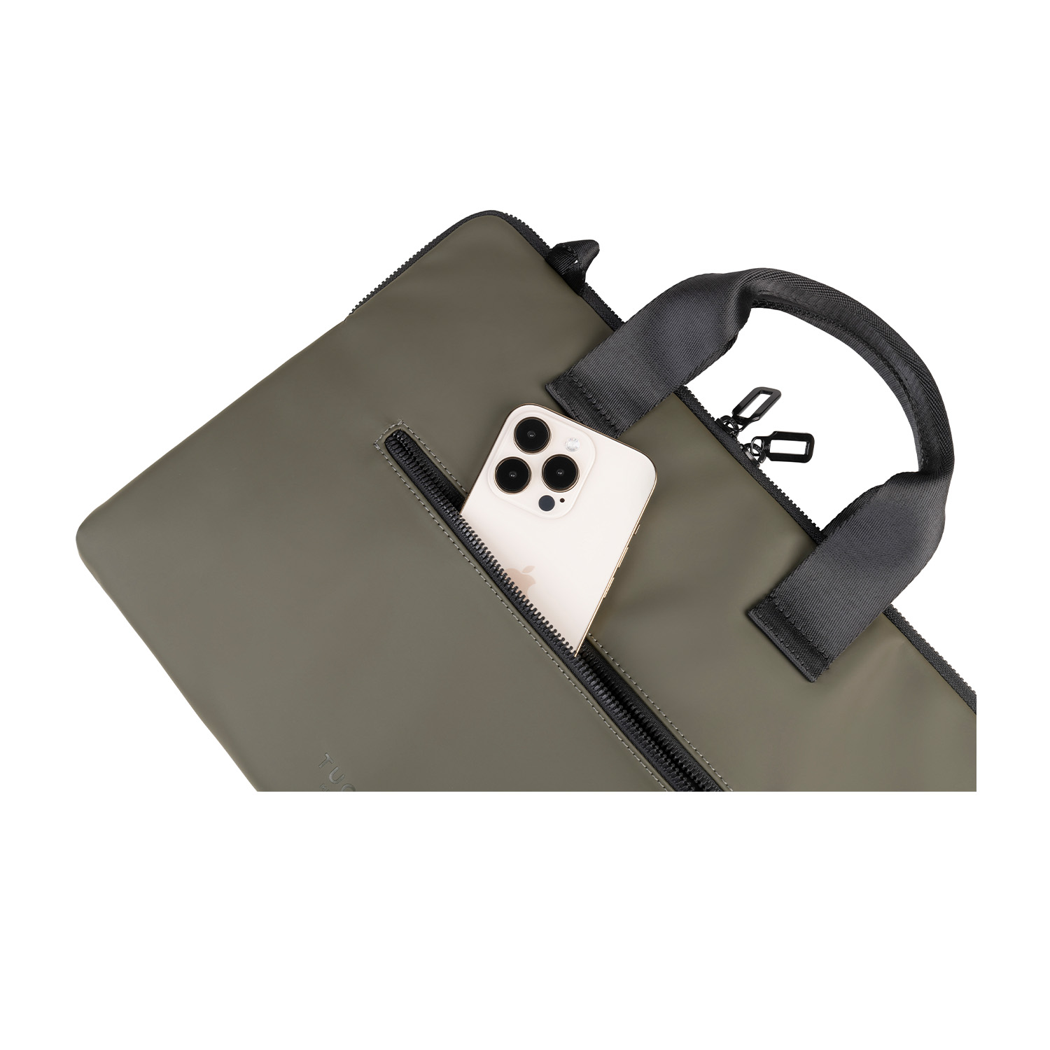 Una borsa per laptop verde oliva con un telefono in tasca.