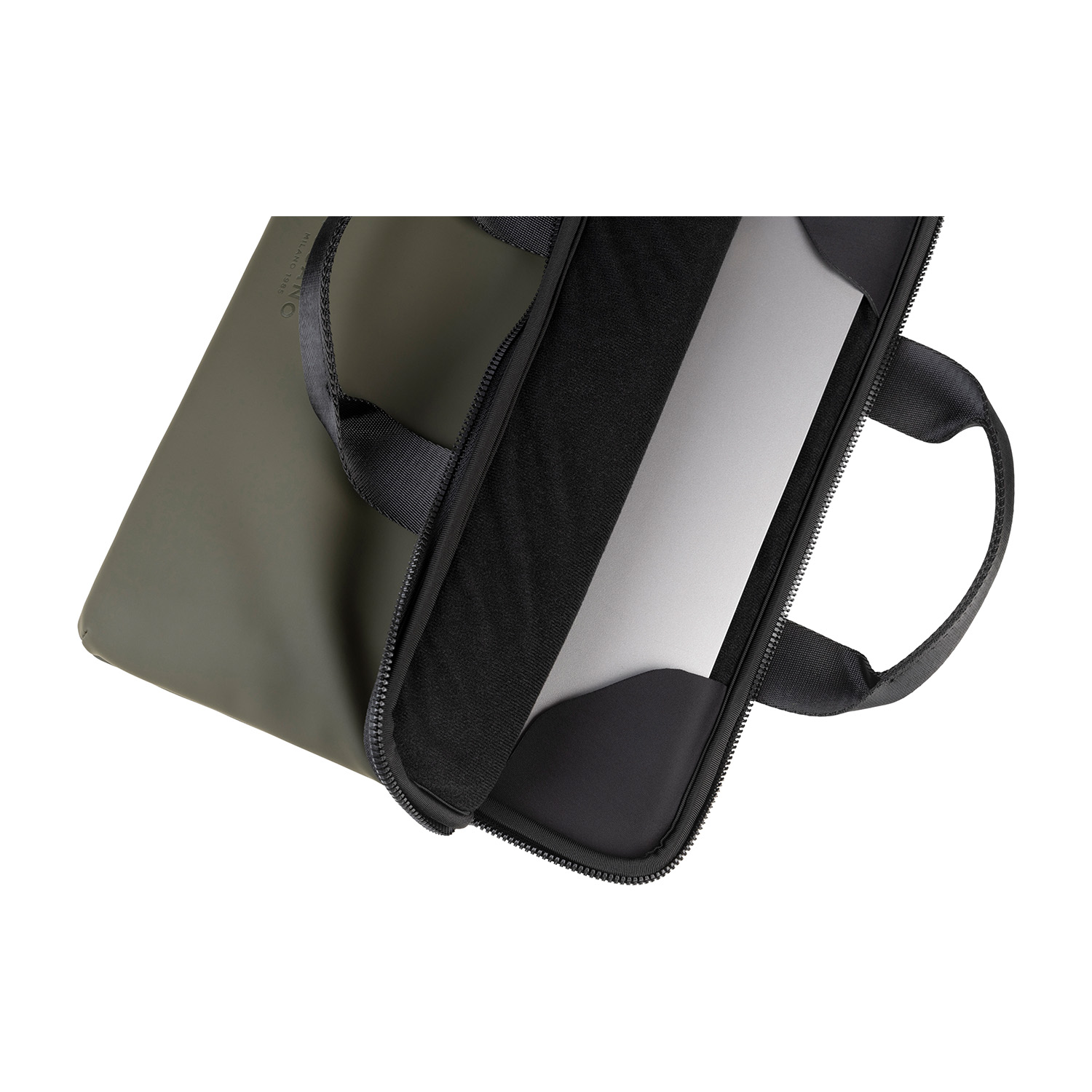 Custodia verde per laptop con un laptop all'interno.
