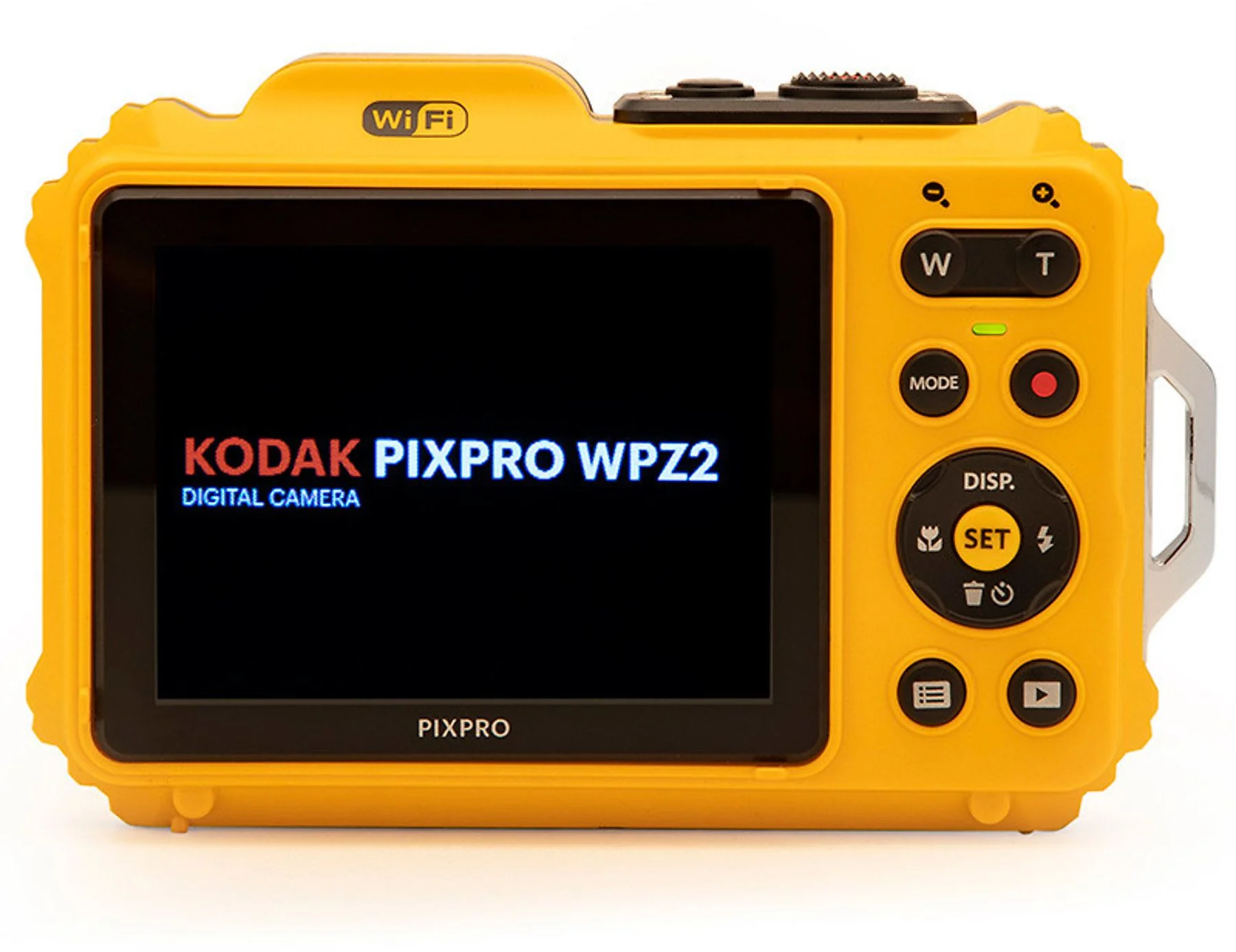 Gelbe Kodak Pixpro Digitalkamera mit Textanzeige. Knöpfe und Bedienelemente auf der Rückseite.