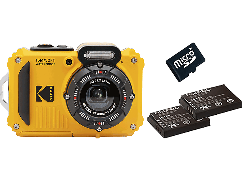 Kodak Pixpro WPZ2 Unterwasserkamera mit 2x Akku und 16 GB Speicherkarte, Gelb; Kompaktkamera