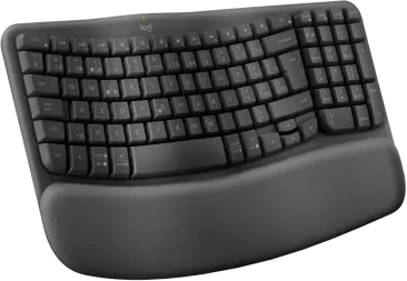 Eine schwarze ergonomische Tastatur mit geschwungenem Design und gepolsterter Handballenauflage wird gezeigt.
