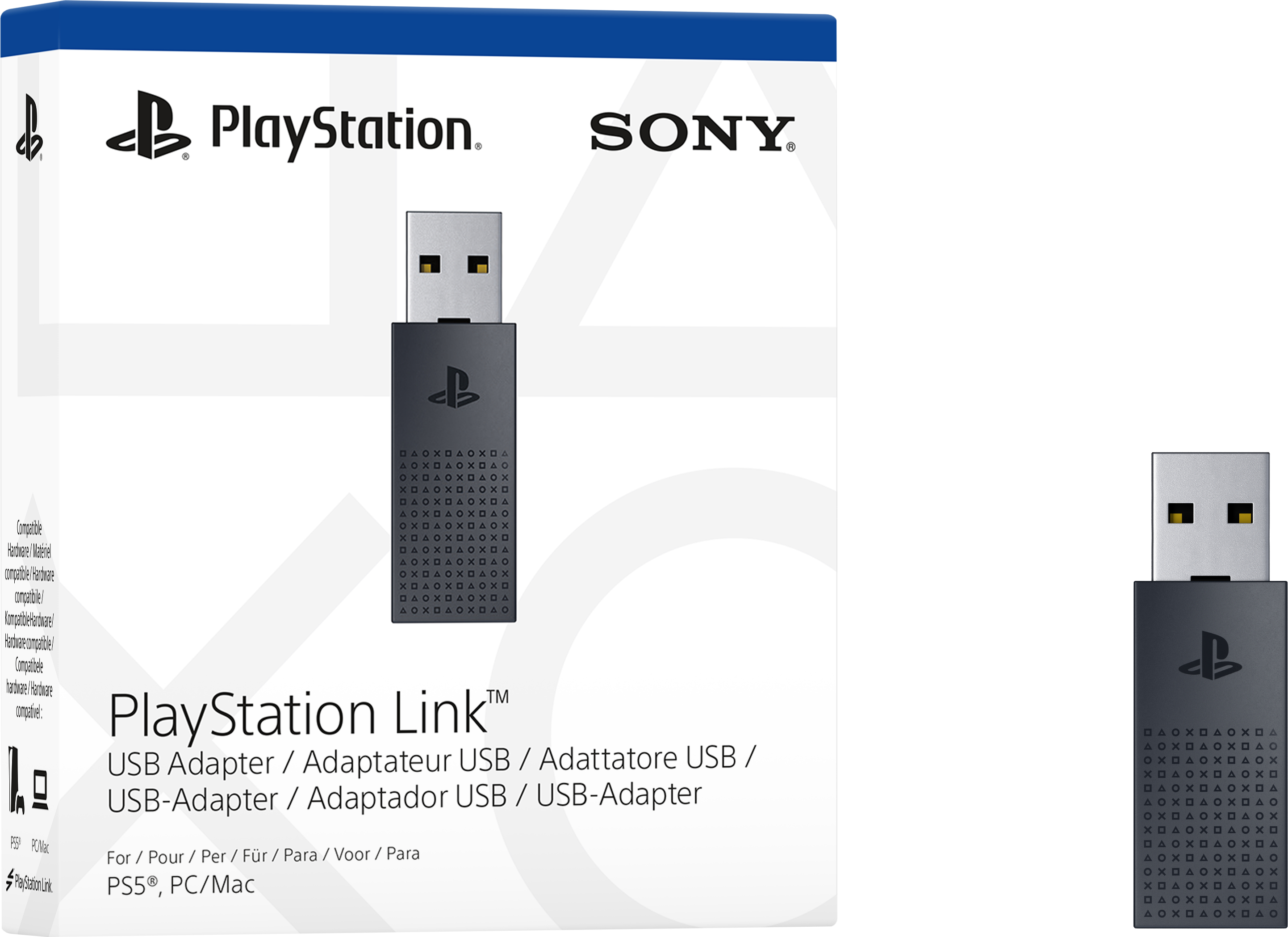 PlayStation Link USB-Adapter. Er befindet sich in seiner Box und wird auch separat gezeigt.