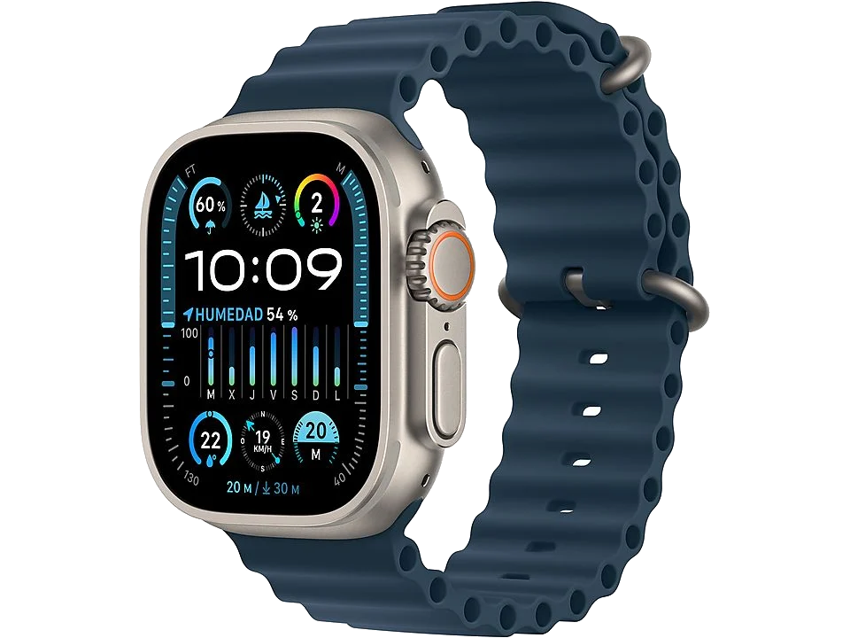 Smartwatch con correa azul mostrando hora y métricas. Caja plateada con dial naranja.