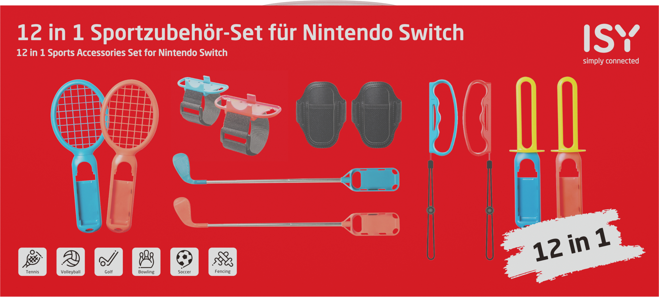 Set mit 12 Sportzubehörteilen für Nintendo Switch, einschließlich Schlägern, Golfschlägern und Controllern.