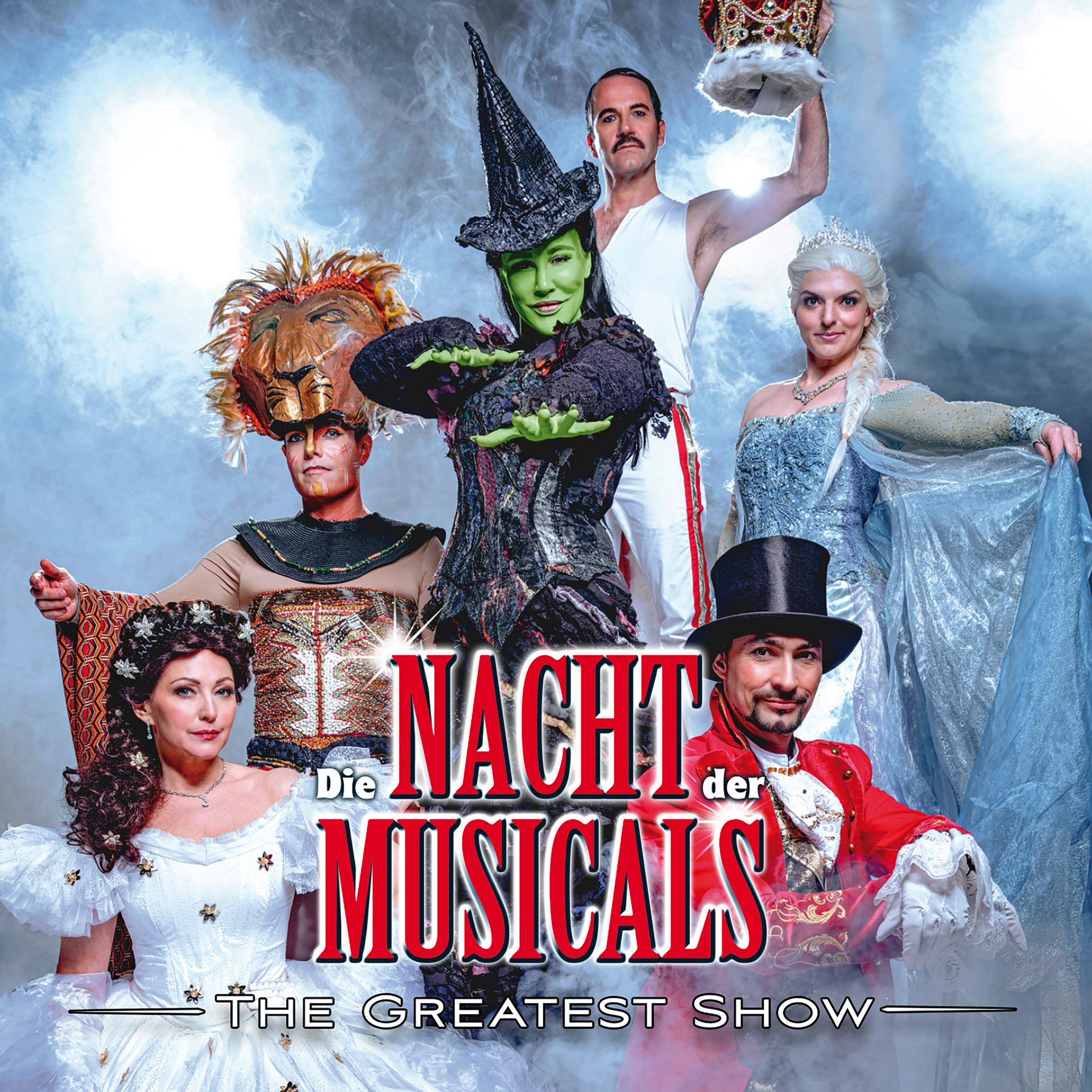 Musical-Poster. Mehrere Charaktere in Kostümen. Titel: Die Nacht der Musicals. The Greatest Show.