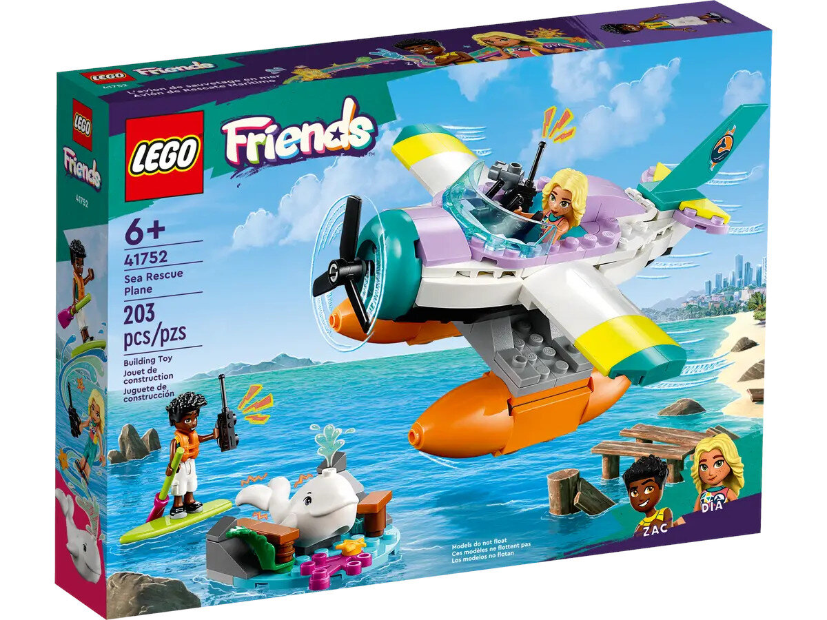 Zestaw Lego Friends: Sea Rescue Plane. Samolot z dwiema figurkami i rekinem na wodnej podstawie.