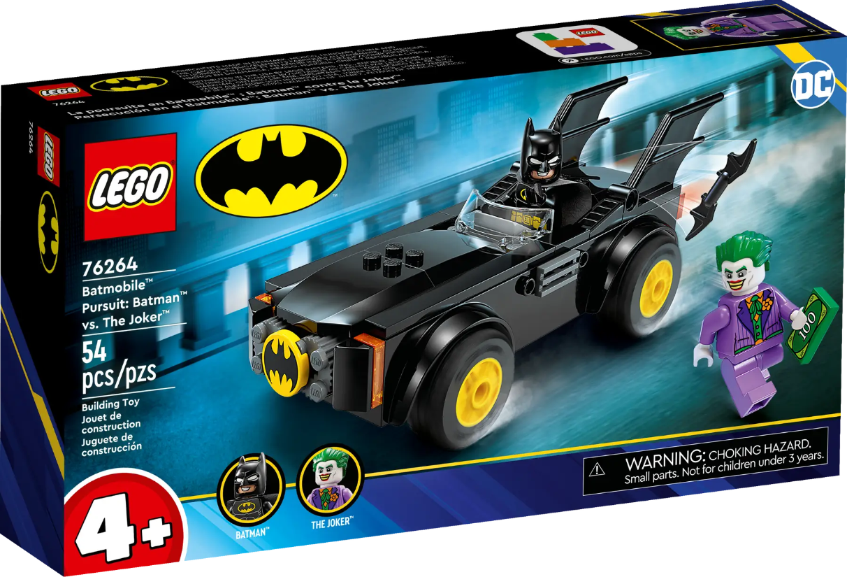 Zestaw Lego: figurki Batmana i Jokera, Batmobil i pudełko. Joker trzyma pieniądze.