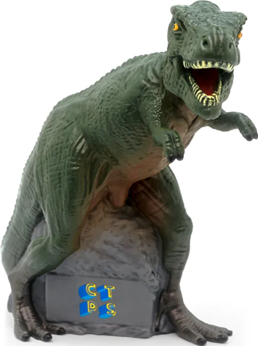 Eine grüne Dinosaurierstatue auf einem grauen Steinsockel mit einem CTPS-Logo.