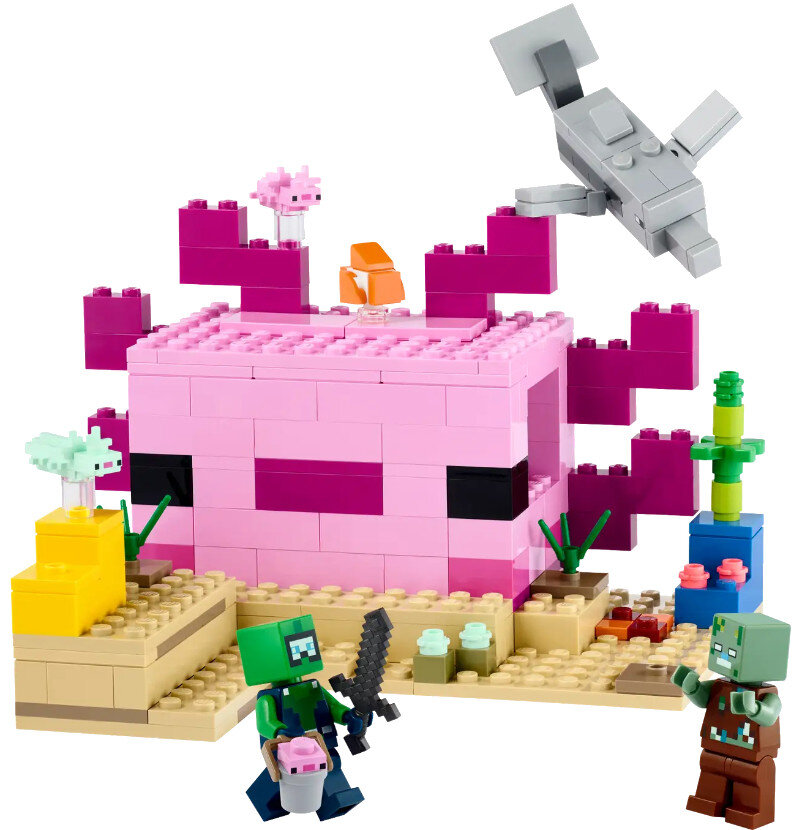 Zestaw LEGO Minecraft z różową strukturą, postaciami i otoczeniem.