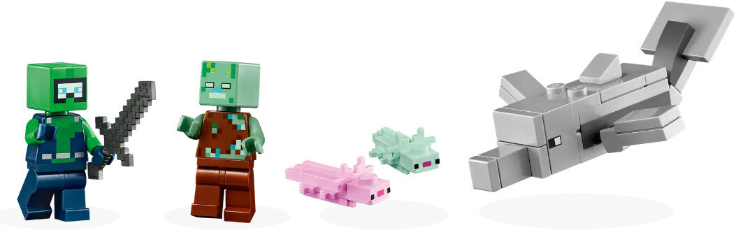 Scena Lego Minecraft z dwiema postaciami, dwoma aksolotlami i dużym srebrnym Ender Dragonem.
