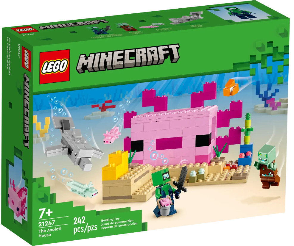 Pudełko Lego Minecraft z domem Aksolotla. Różowy, zielony, beżowy i biały. Zielone tło.