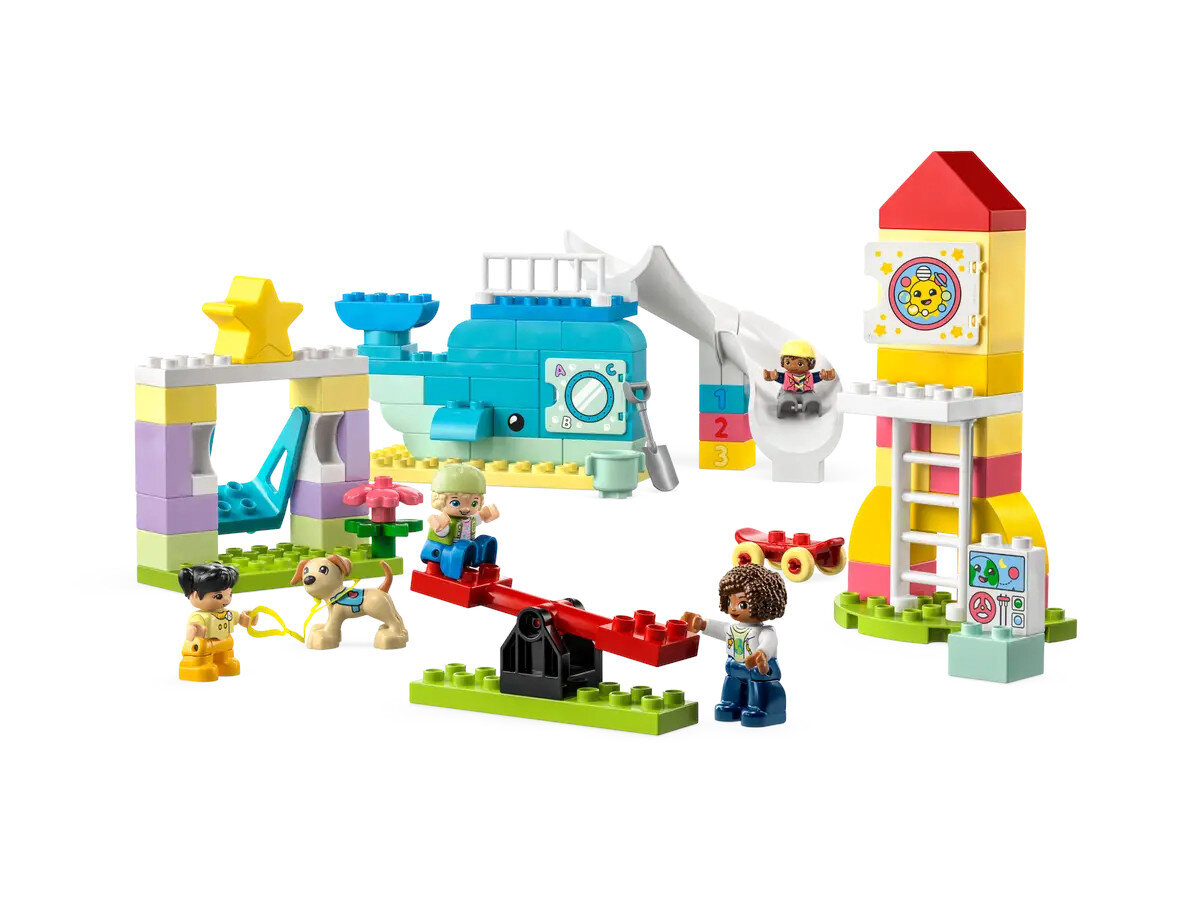Zestaw placu zabaw Lego Duplo z figurkami, zjeżdżalnią, huśtawką i rakietą.