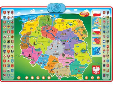 Kolorowa mapa Polski z miastami i symbolami. Mapa znajduje się na zielono-niebieskim tle.