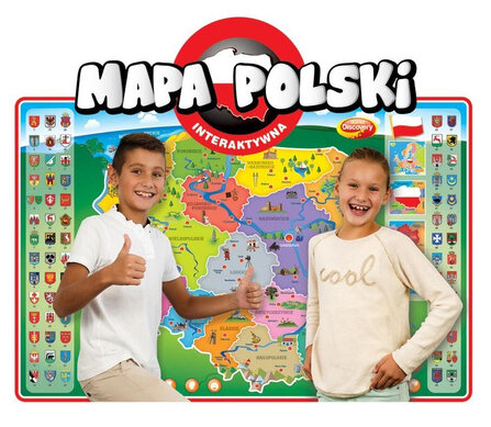Dwoje dzieci z kciukami w górę obok mapy Polski z flagami i emblematami.