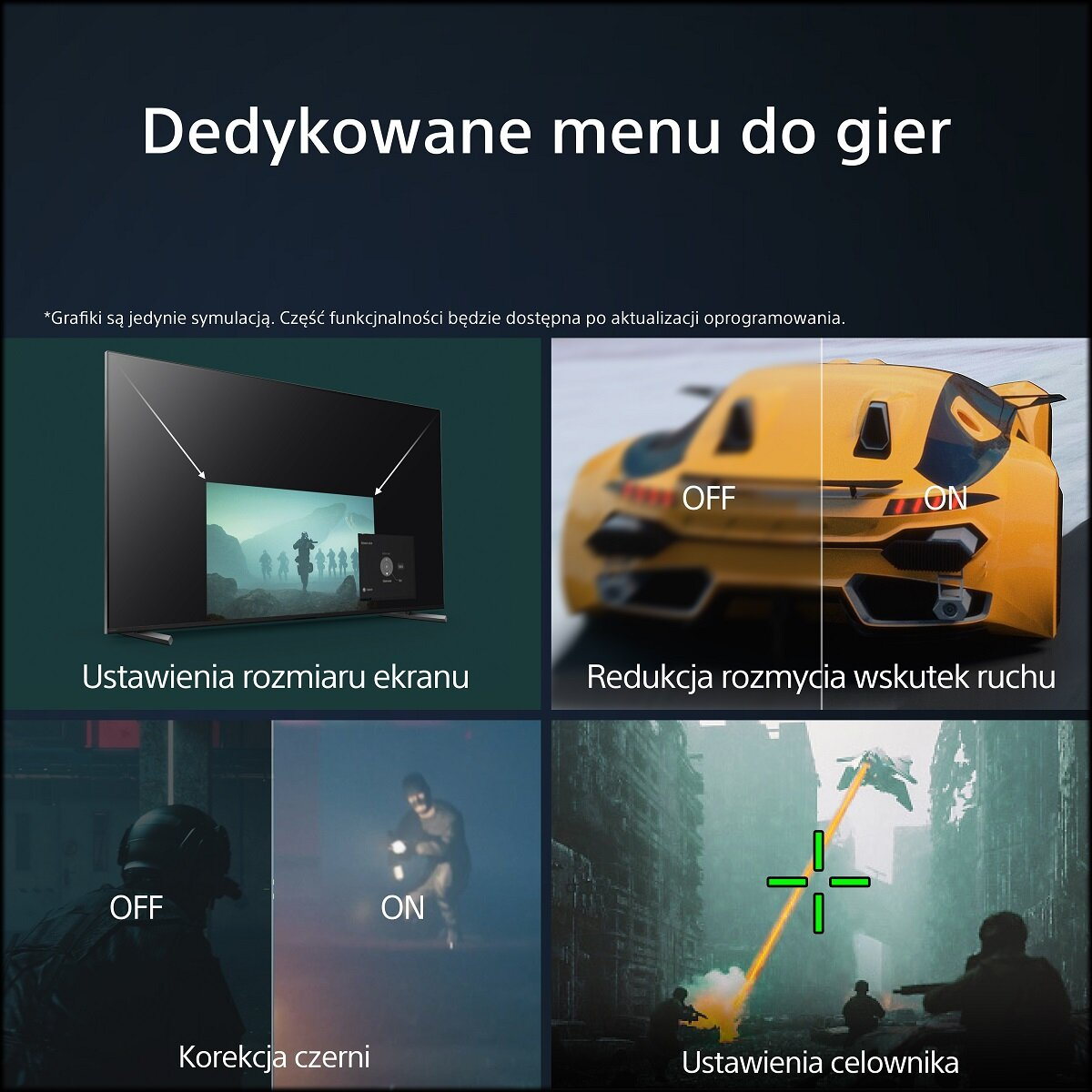Obraz pokazujący opcje menu gier. Zawiera rozmiar ekranu, redukcję rozmycia ruchu, korekcję czerni i ustawienia celownika.