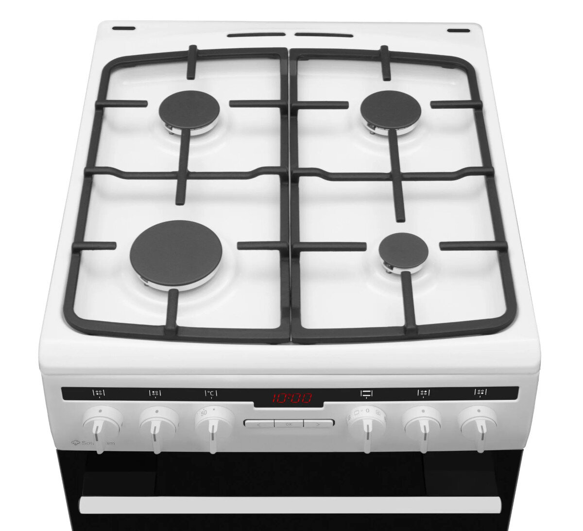 Biała kuchenka, widok z góry, z czarnymi rusztami i pokrętłami.