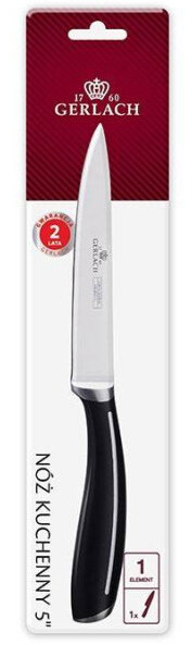 Nóż kuchenny Gerlach w opakowaniu, z czarną rączką i srebrnym ostrzem. Białe tło.