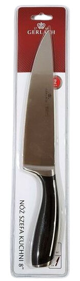 Nóż kuchenny w opakowaniu, z czarnym uchwytem i srebrnym ostrzem, zorientowany pionowo.