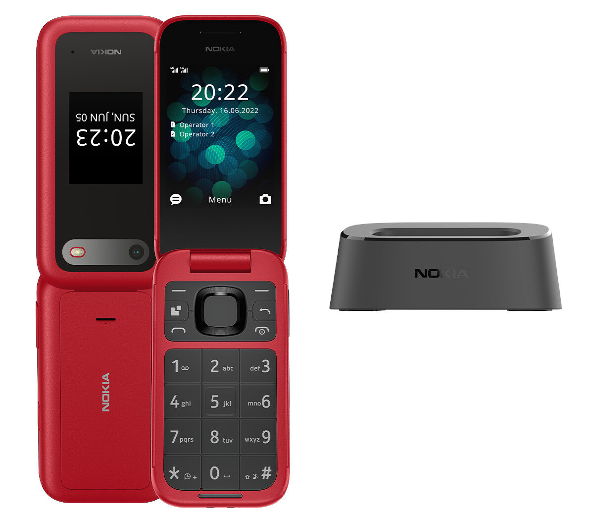 Czerwony telefon Nokia, otwarty i zamknięty, obok czarnej stacji ładującej.