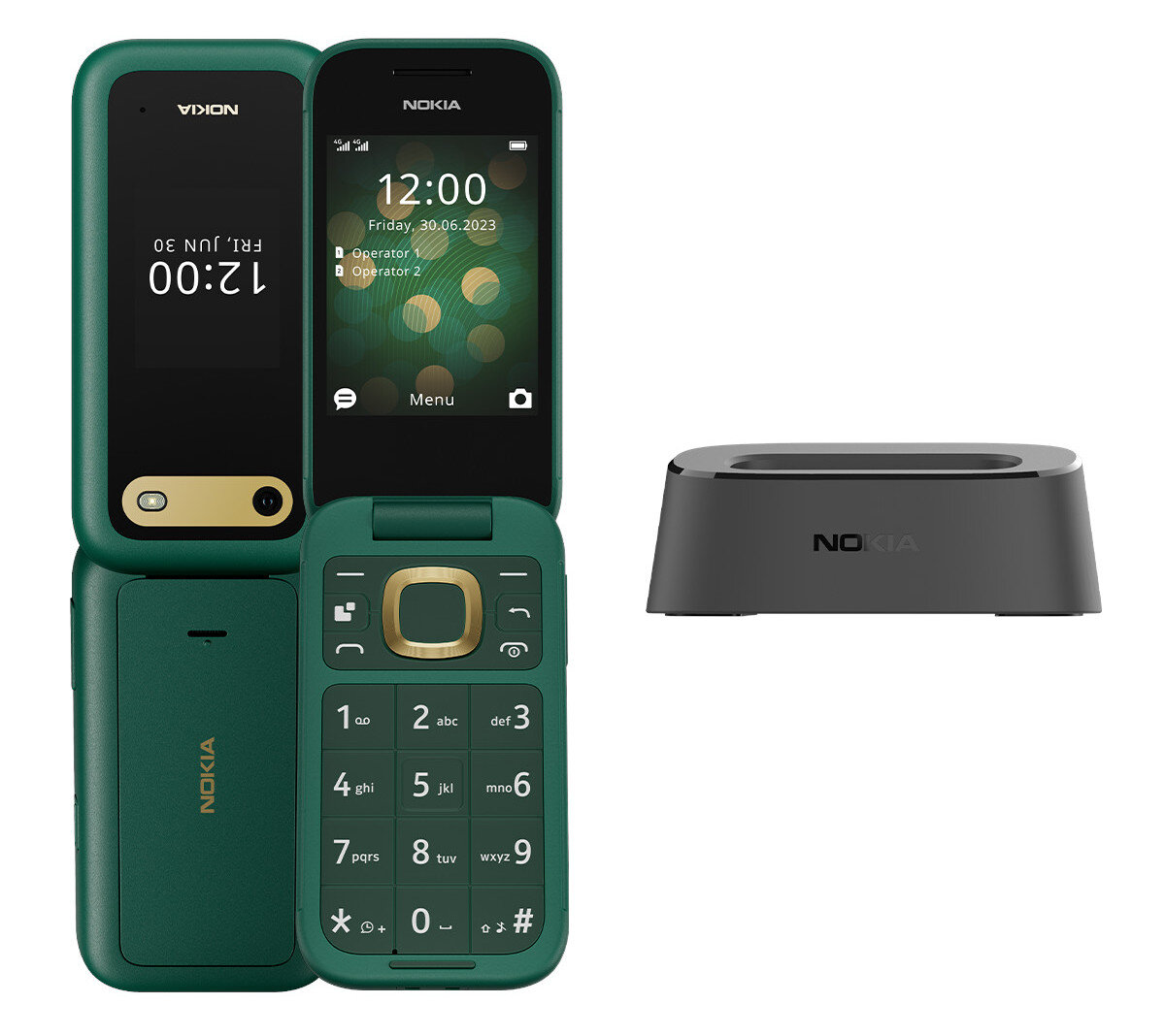 Zielona Nokia z klapką otwarta, pokazująca godzinę. Stacja ładująca obok telefonu.