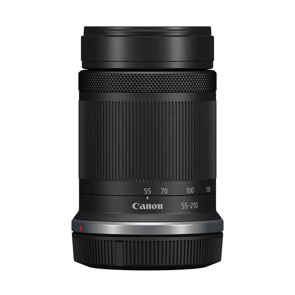 Siyah Canon kamera lensi, 55-210mm zoom, beyaz işaretli.