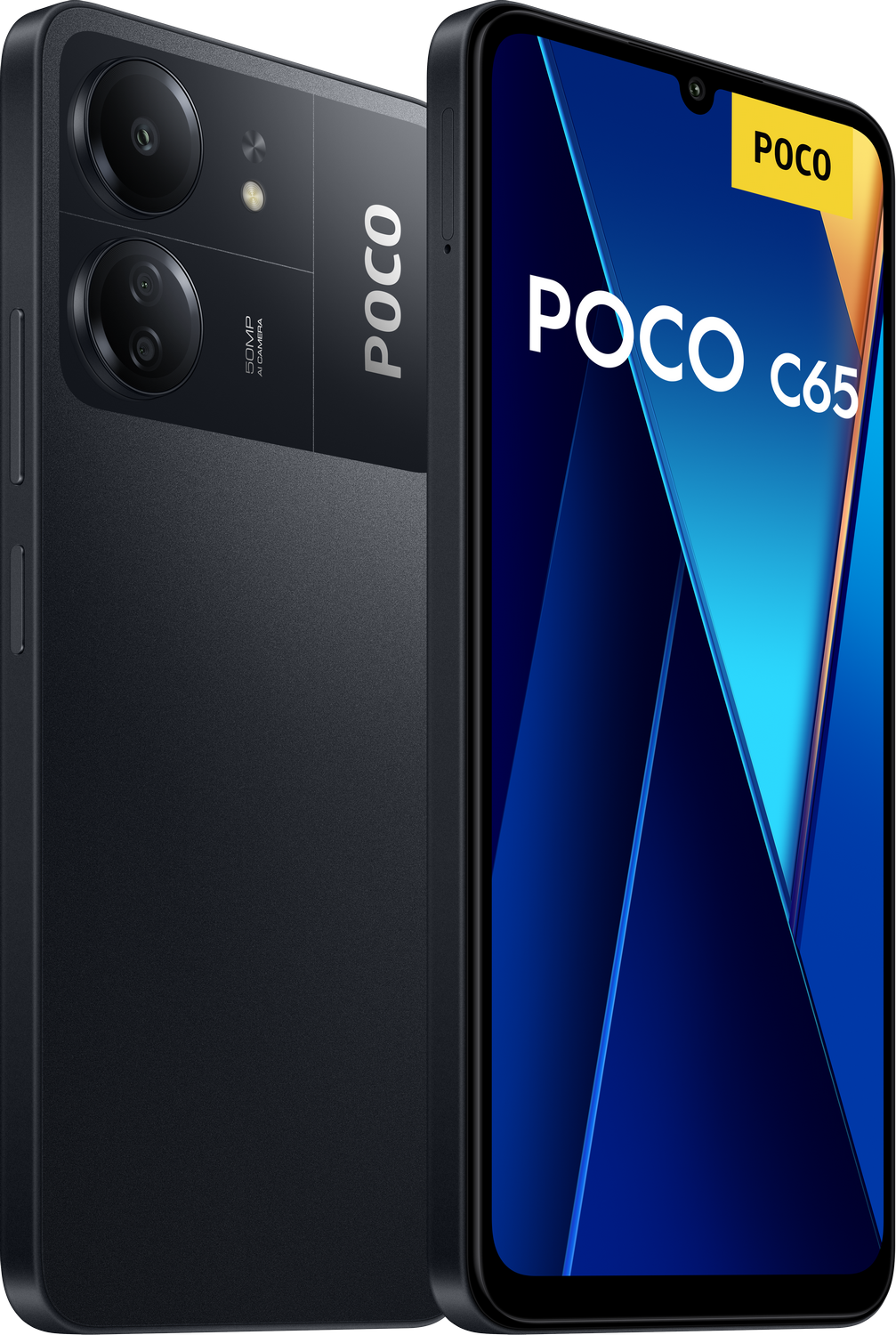 Smartphone Poco C65 negro, vista frontal y trasera.