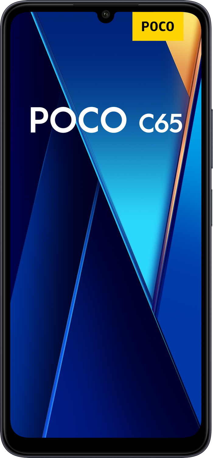 Teléfono Poco C65 azul. Vista frontal con pantalla encendida, degradado azul y amarillo.