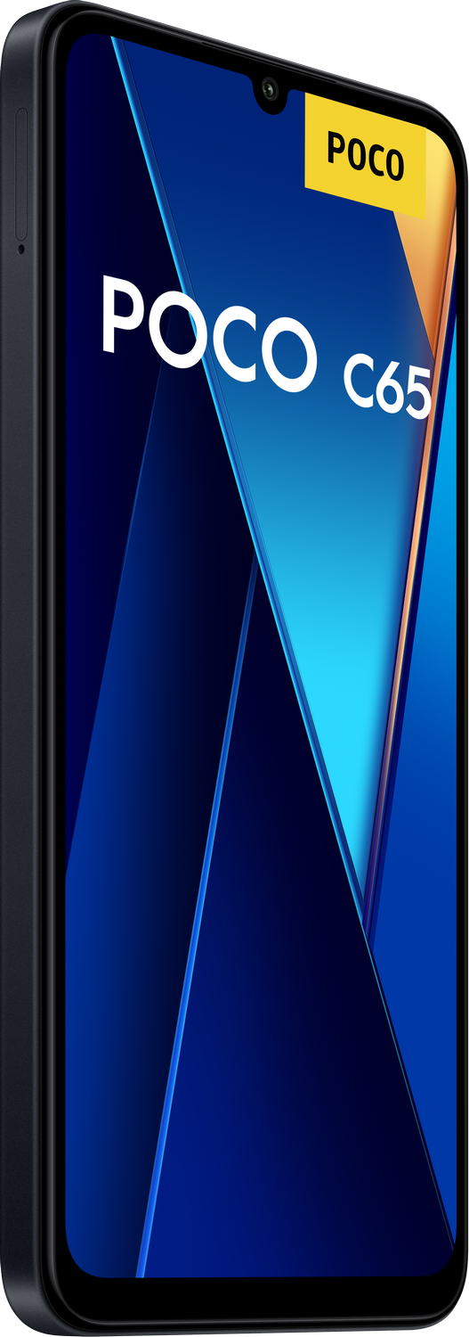 Teléfono Poco C65 negro, etiqueta Poco, diseño azul abstracto, marco negro, vista en ángulo.