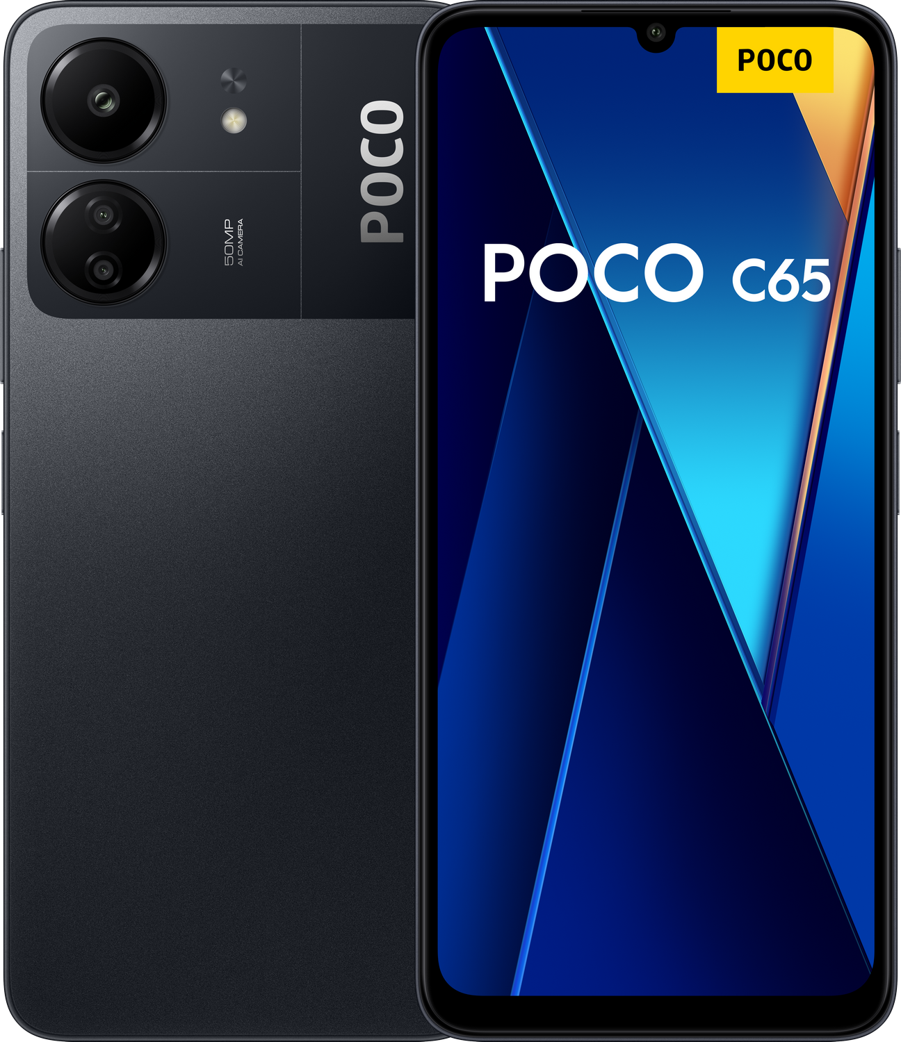 Smartphone negro Poco C65. El teléfono muestra la pantalla y la parte trasera con cámaras y el logo de Poco.