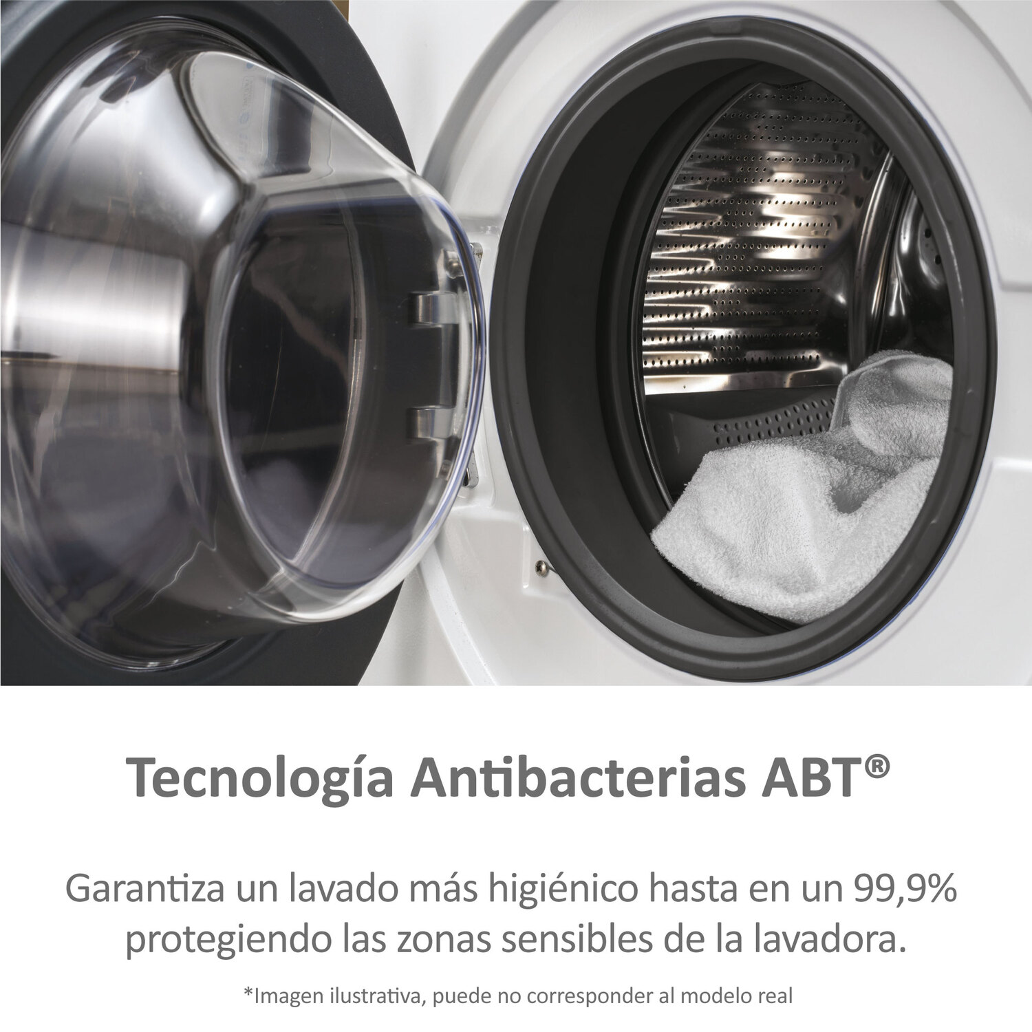 Lavadora con puerta abierta, revelando toalla dentro, y texto de tecnología antibacteriana.