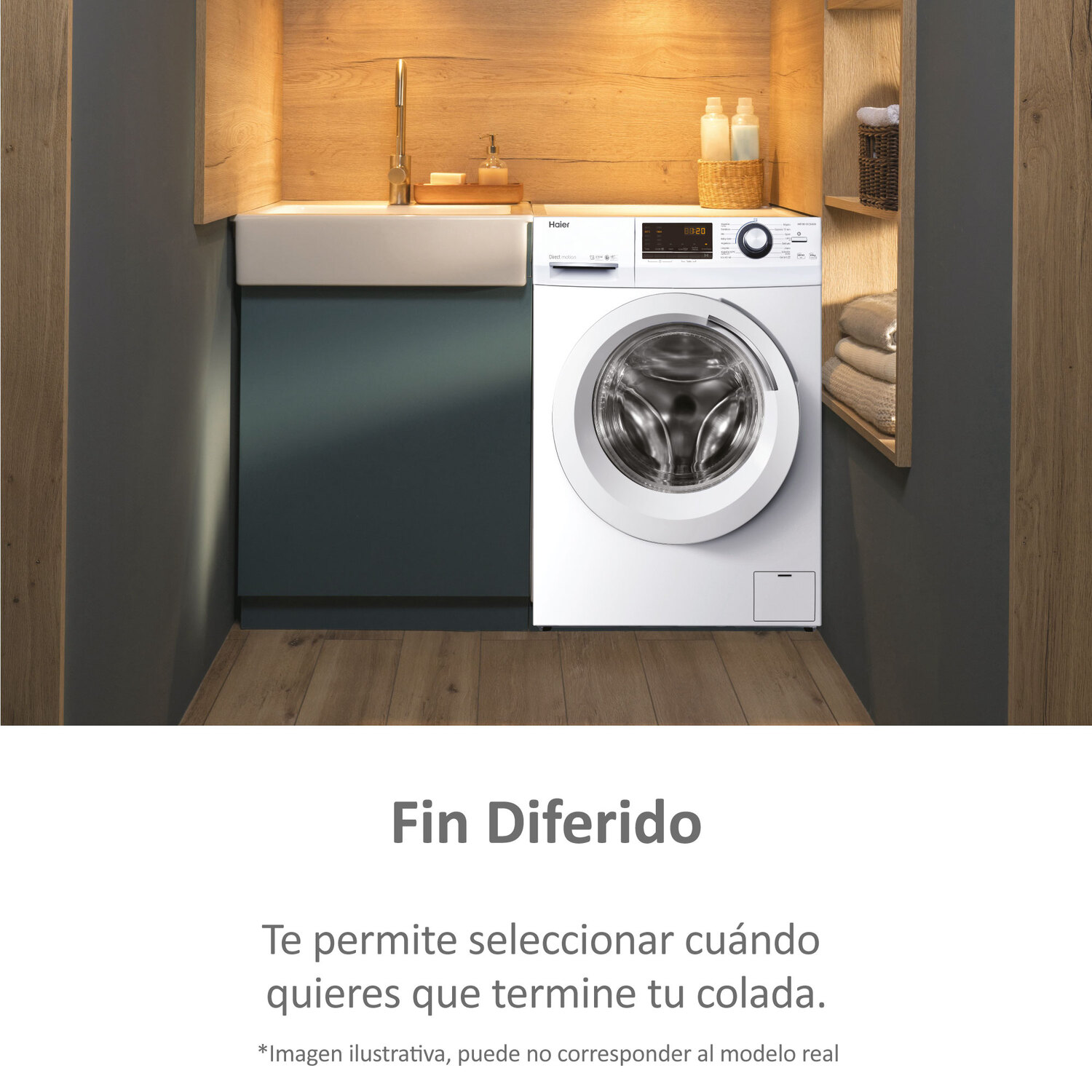 Lavadora blanca en un lavadero, con texto debajo.