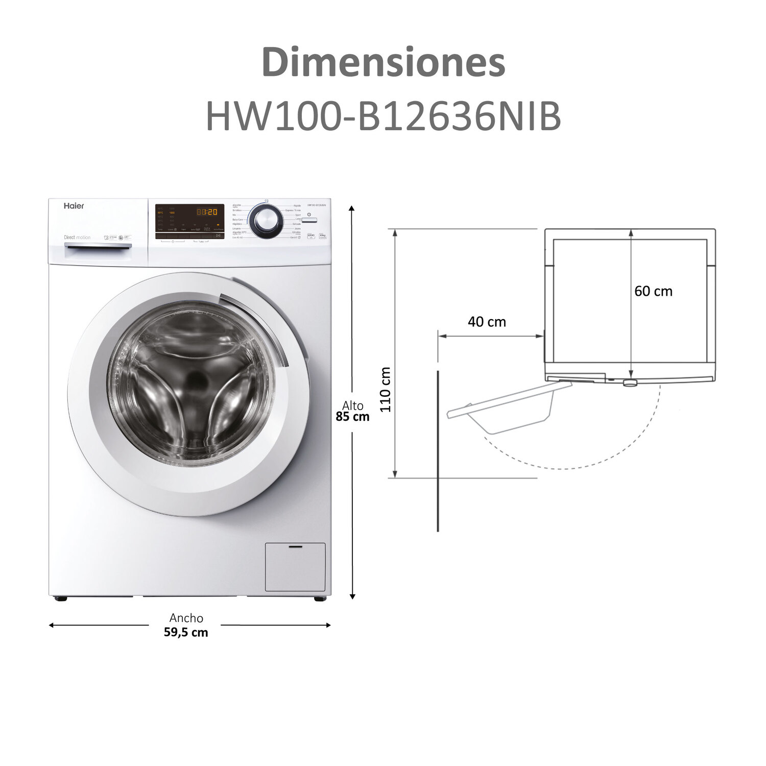 Una lavadora blanca con puerta de carga frontal. Las dimensiones se muestran junto a ella en un diagrama.