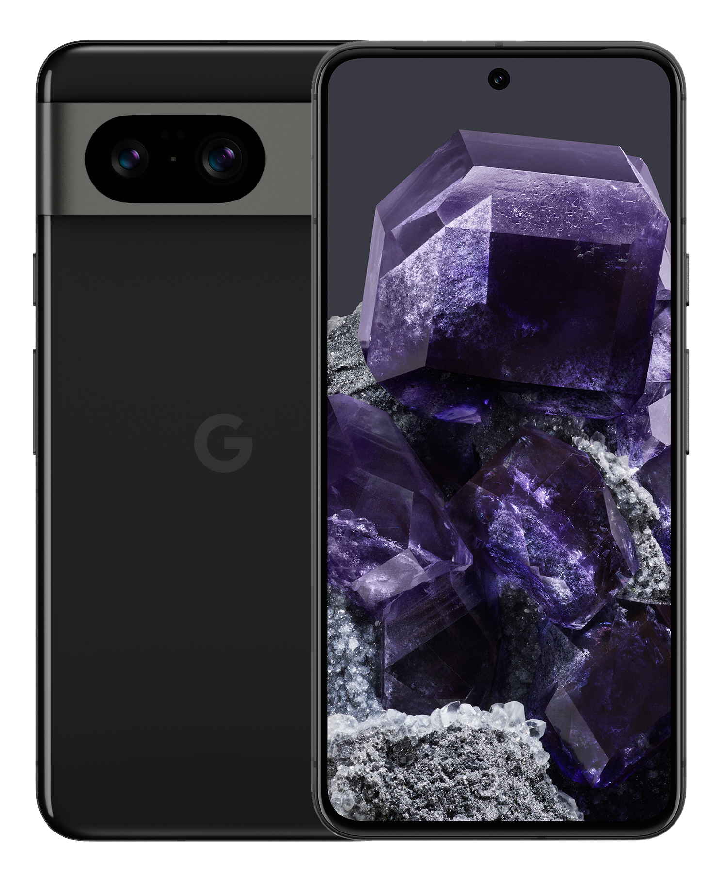 Ein schwarzes Smartphone zeigt ein Bild eines lila Kristalls auf dunklem Hintergrund. Das Telefon liegt auf einer schwarzen Oberfläche.