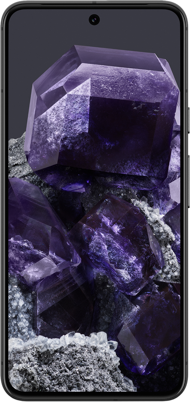 Ein Smartphone mit einem Hintergrundbild mit einer lila Kristallstruktur.