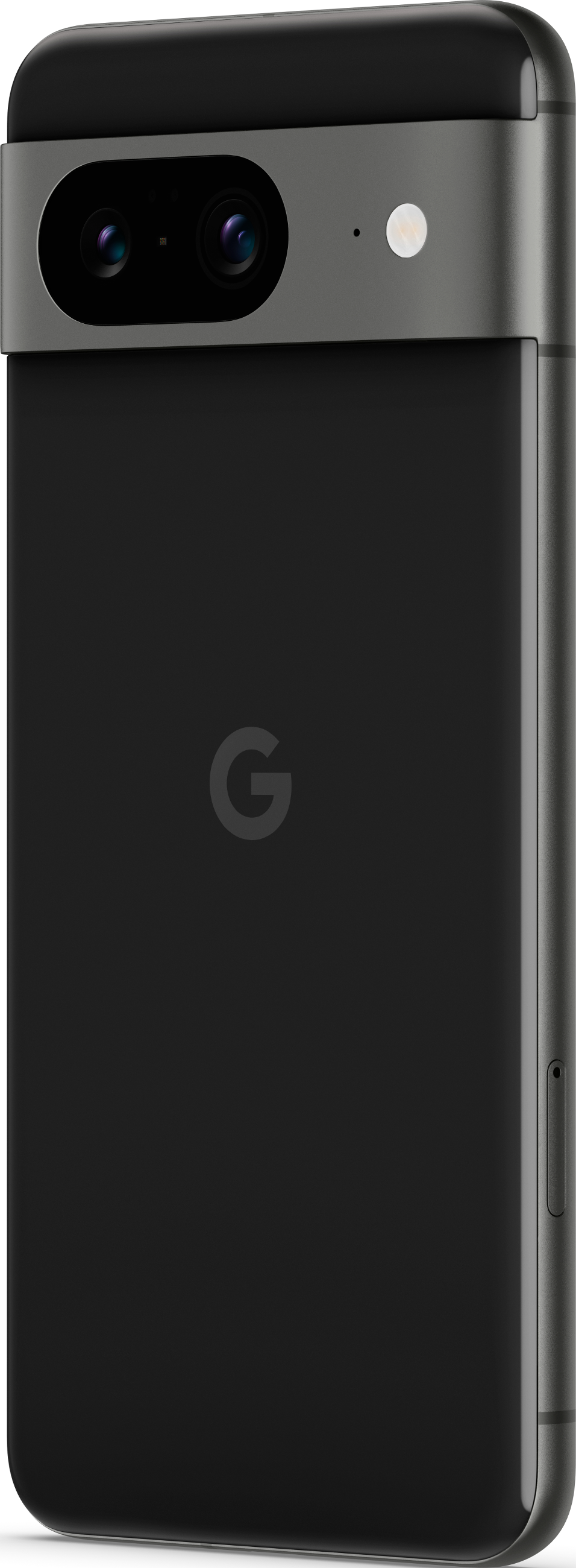 Smartphone-Rückseite: schwarze Farbe mit Kamera, Sensoren und zentriertem 'G'-Logo, auf weißem Hintergrund.