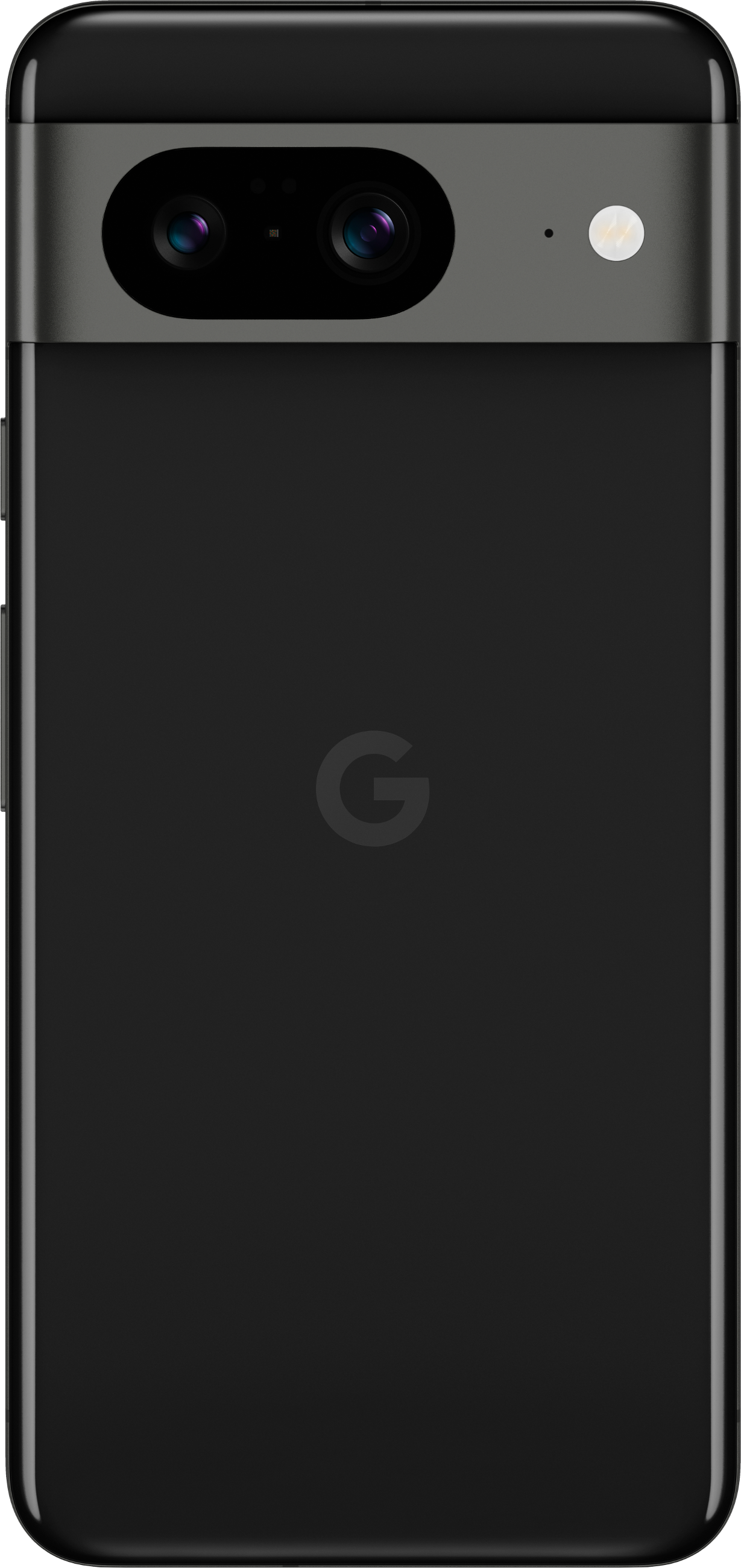 Schwarzes Smartphone mit grauem Kamerabalken. Das Google-Logo ist zentriert. Zwei Kameras und ein Blitz sind sichtbar.