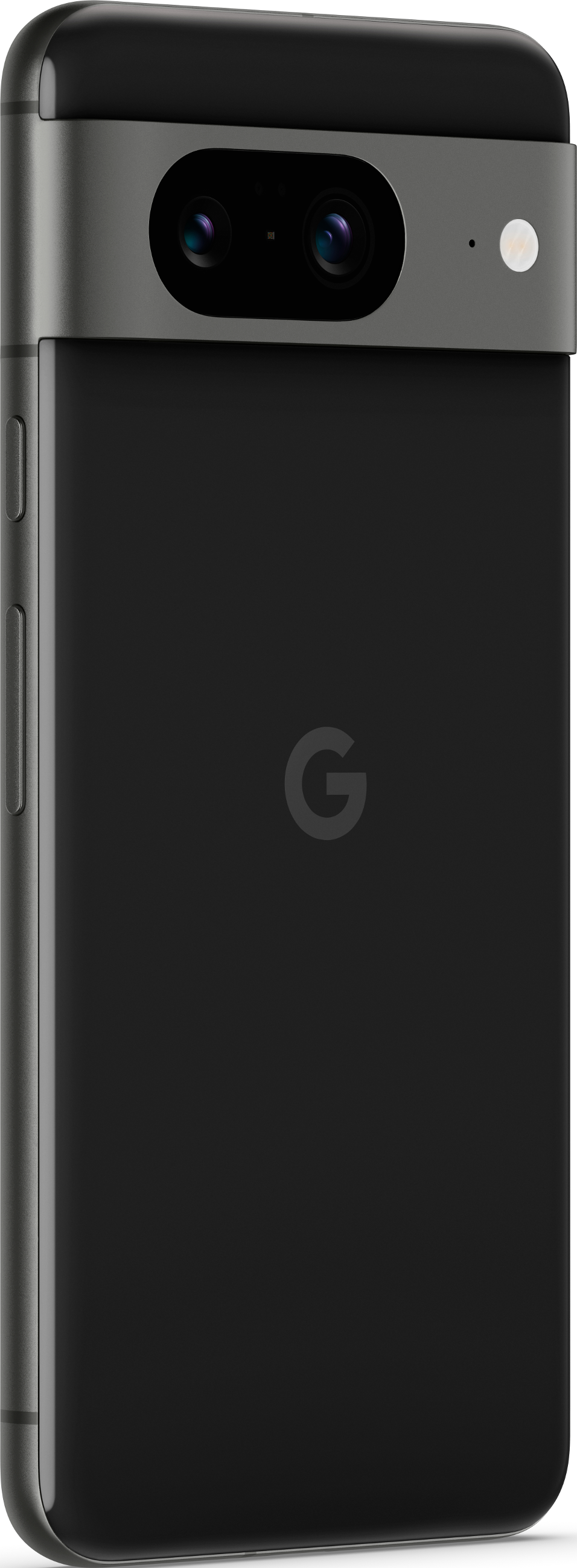 Schwarzes Smartphone mit Kamera-Erhebung, Google-Logo, Seitenansicht.