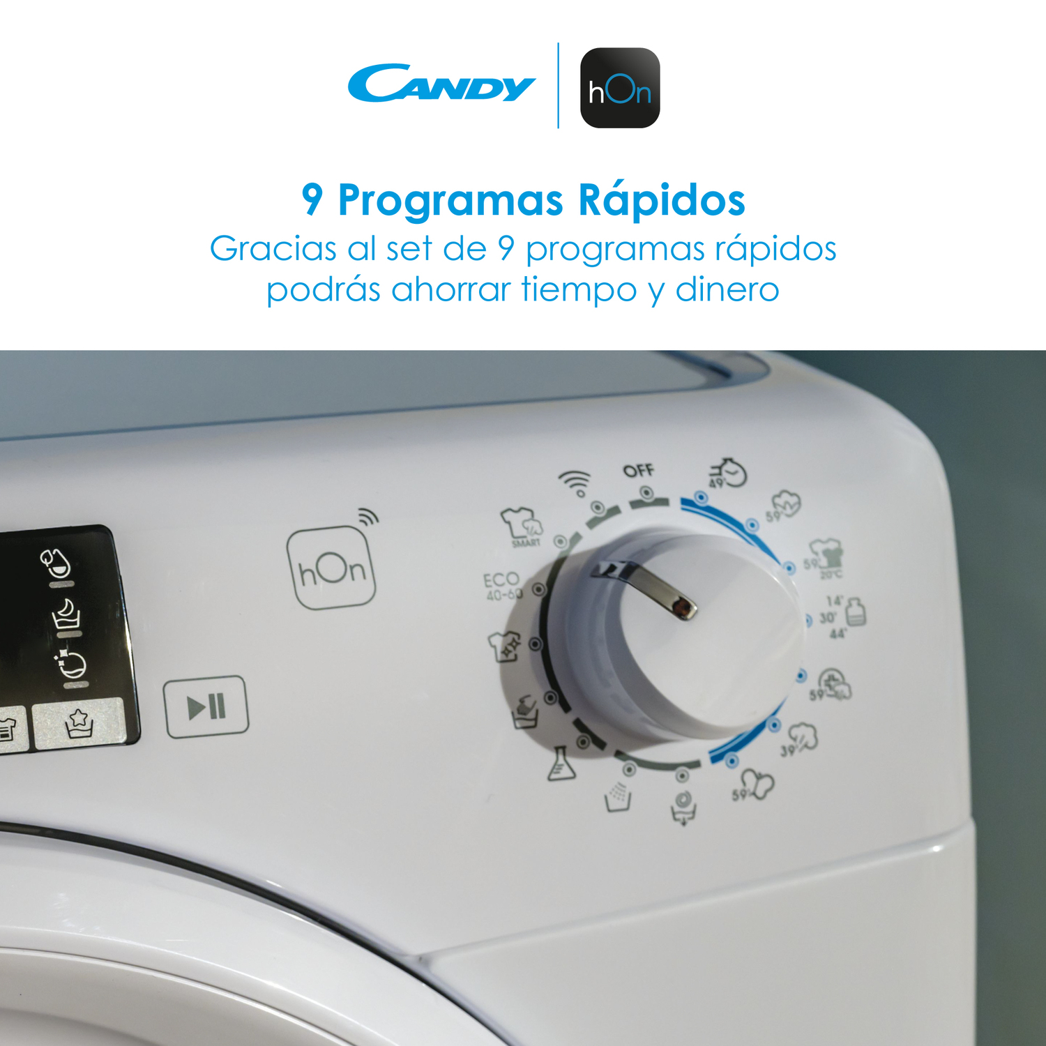 Panel de control de lavadora blanca con un dial y varios iconos.