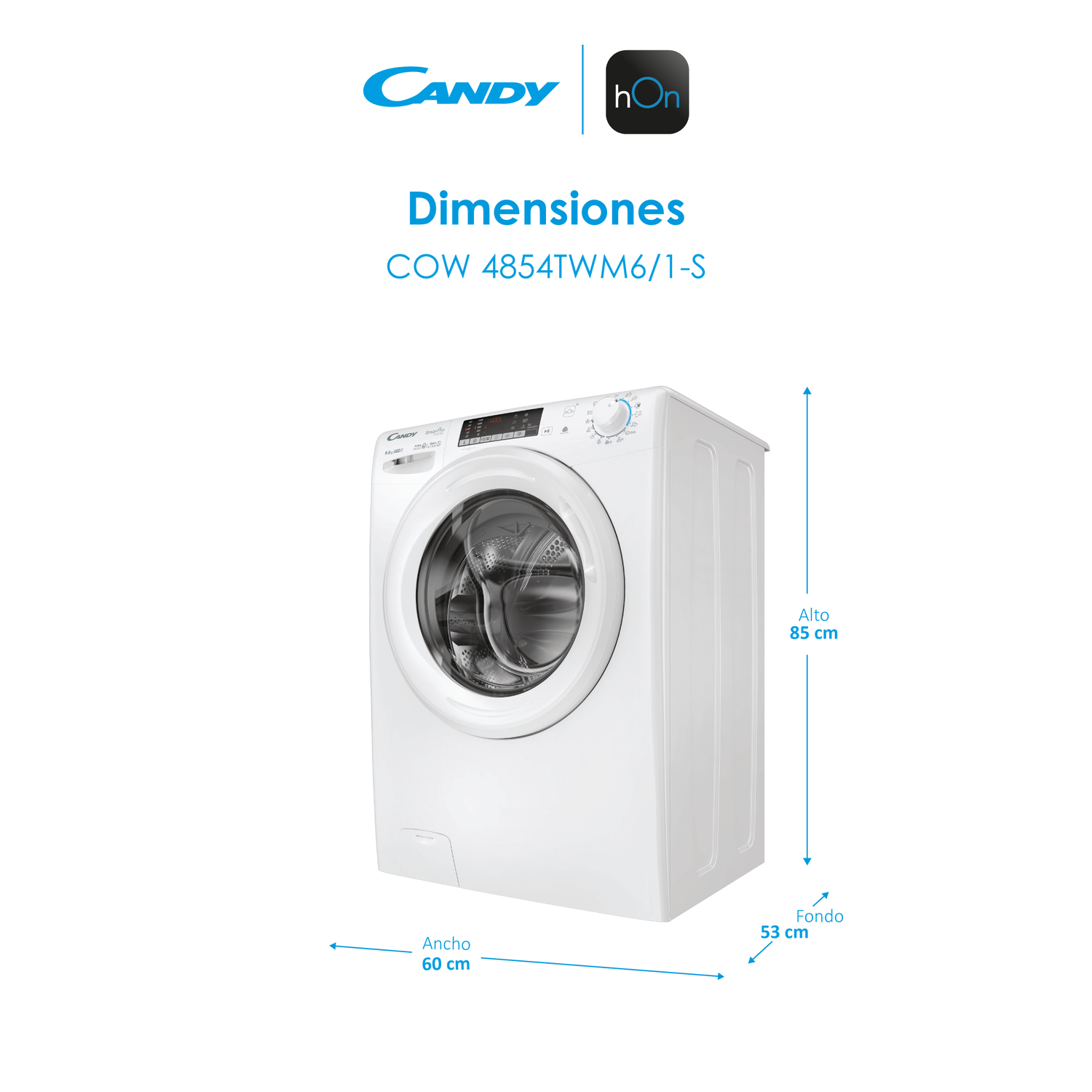Lavadora blanca. Dimensiones: 60 cm ancho, 85 cm alto, 53 cm profundidad.