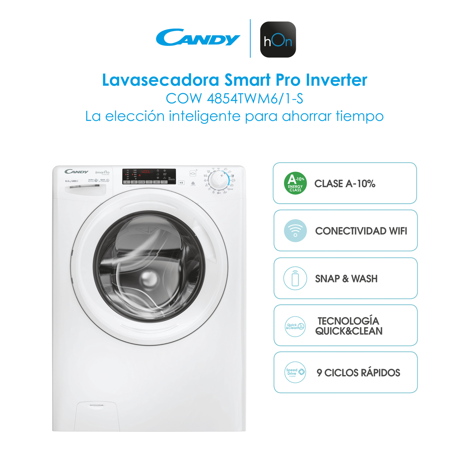 Una lavadora Candy blanca con panel de control, indicador de nivel de agua y puerta.